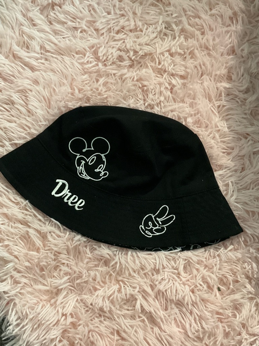 Black Disney Bucket Hat with White Cartoon Embroidered Accents